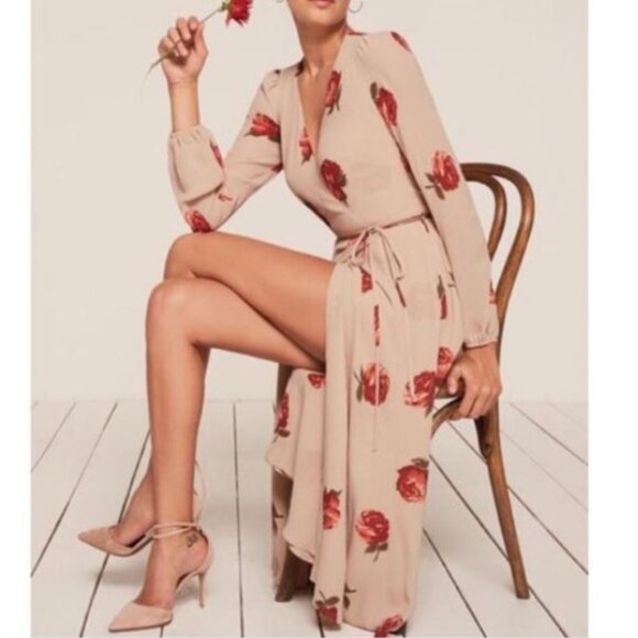 Reformation Nicole Ruby Floral Wrap Midi Dress Sz M - Picture 1 of 5